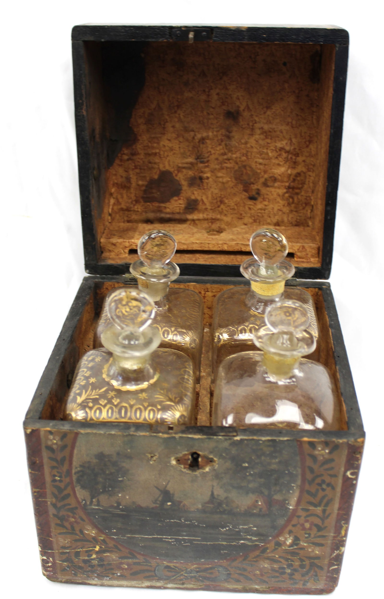 Antique tantalus set w 4 etched bottles interior & paint decorated box - 8 1/2" tall x 7 3/4"x7 1/4" (1 of 12)