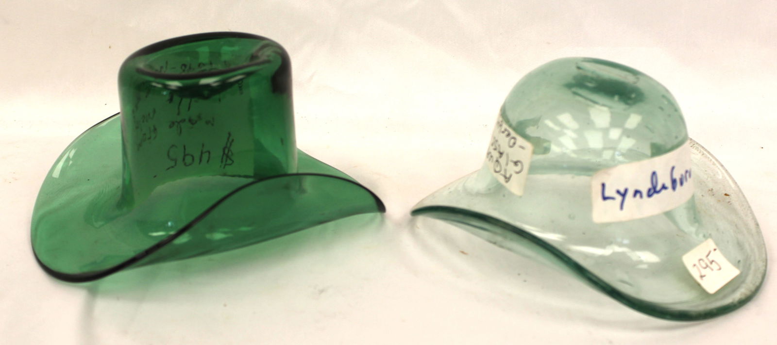 Lot of 2 early glass hats in green & aqua - 3" tall x 6"x4 1/4" & 3 1/2" tall x 6"x5 1/2": Lot of 2 early glass hats in green & aqua - 3" tall x 6"x4 1/4" & 3 1/2" tall x 6"x5 1/2"