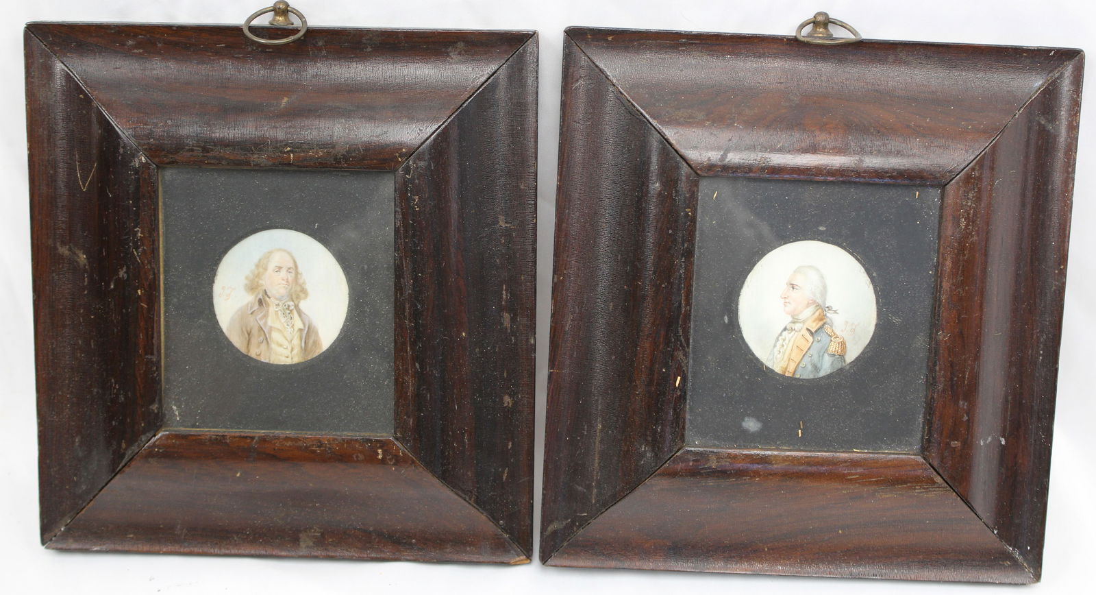 Lot of 2 antique watercolor portraits of Benedict Arnold & Benjamin Franklin in matching frames - (1 of 10)