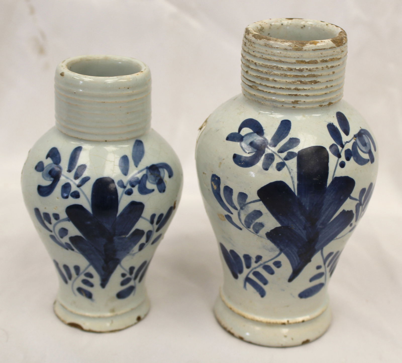 Lot of 2 18thC Delft bottles w cobalt dec - 6 1/2" & 5 1/4" tall (1 of 8)