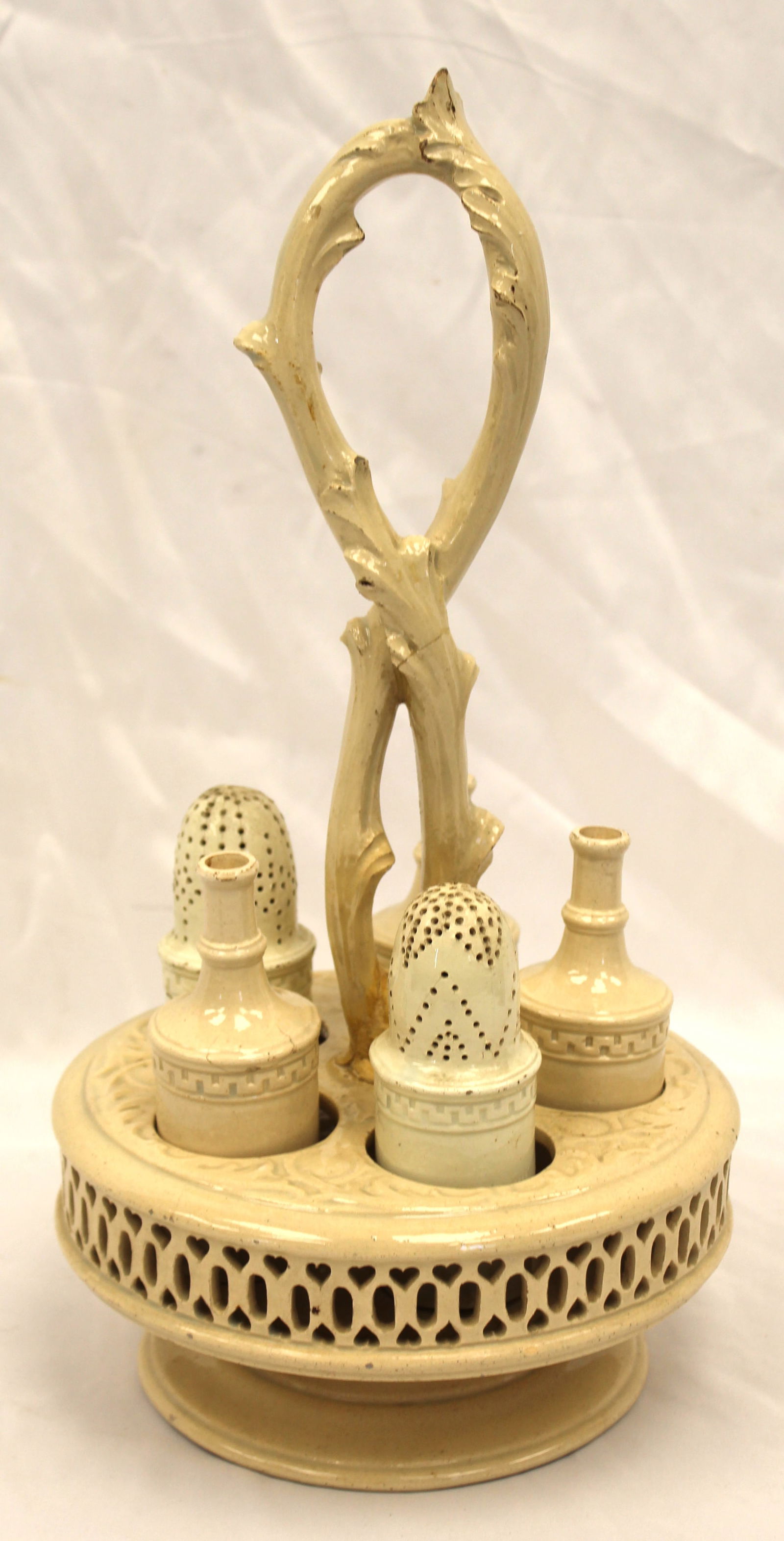 Antique creamware cruet set - 15" tall x 8" diam: Antique creamware cruet set - 15" tall x 8" diam