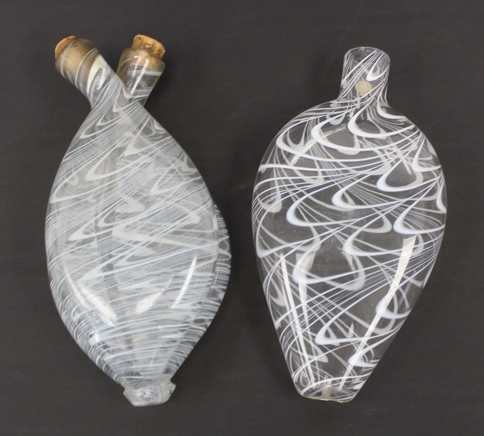 Lot of 2 early clear/white swirl glass flasks incl a double - 8 1/2" tall: Lot of 2 early clear/white swirl glass flasks incl a double - 8 1/2" tall
