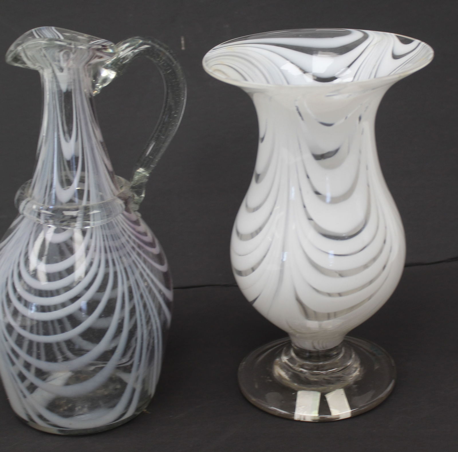 Lot of 2 early clear/white swirl glass vase & ewer - 8" & 9" tall (1 of 10)