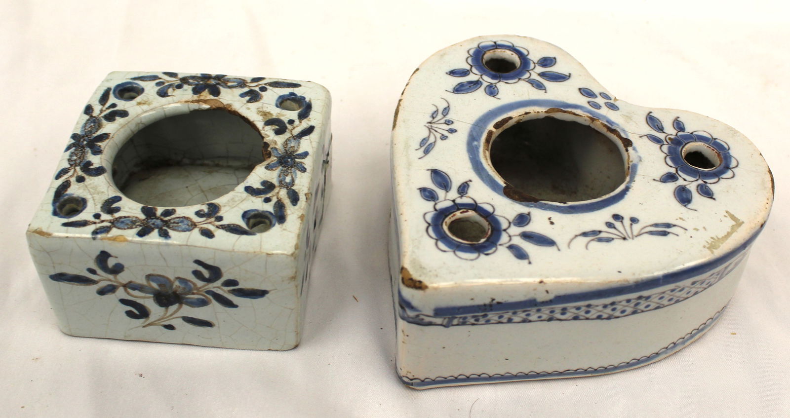 Lot of 2 antique Delft inks w cobalt dec - 1 square & 1 heart shaped - 1 3/4" tall x 3"square & 2" (1 of 10)