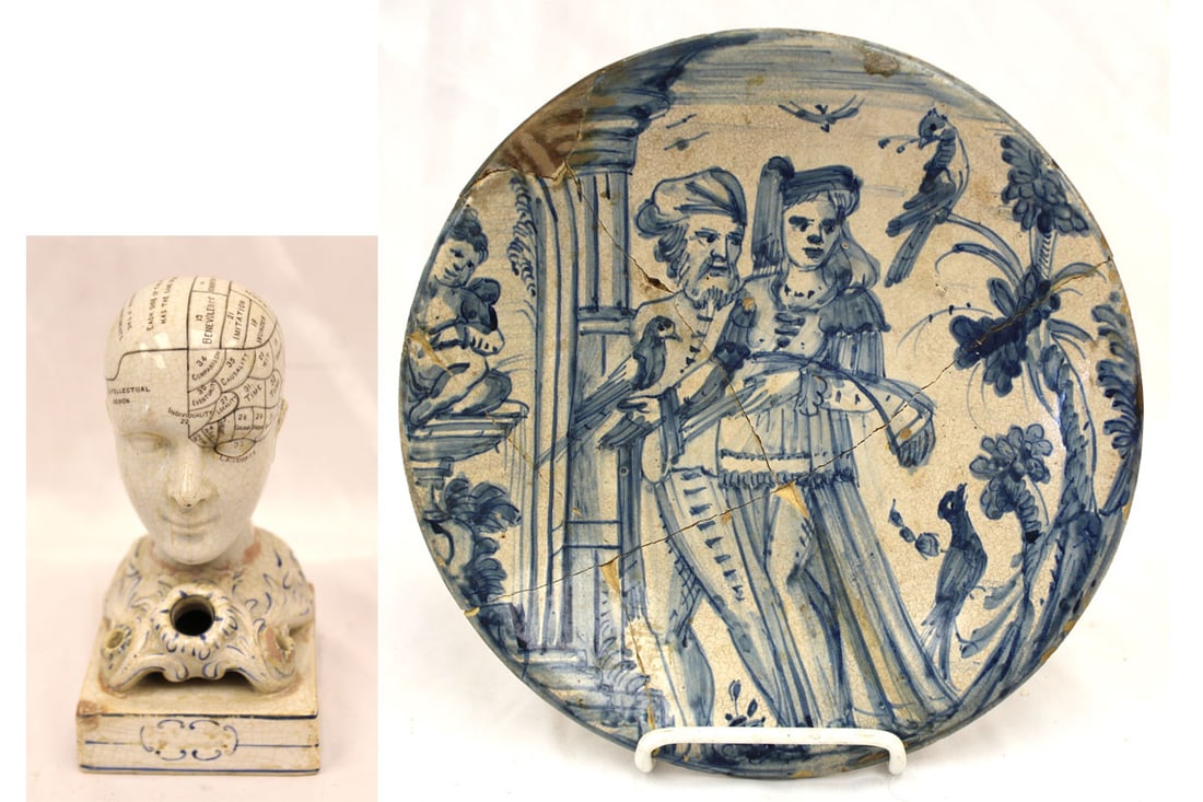 Lot of 2 antique Delft items incl Phrenology head & plate - 5 3/4" tall head & 9 3/4" diam: Lot of 2 antique Delft items incl Phrenology head & plate - 5 3/4" tall head & 9 3/4" diam