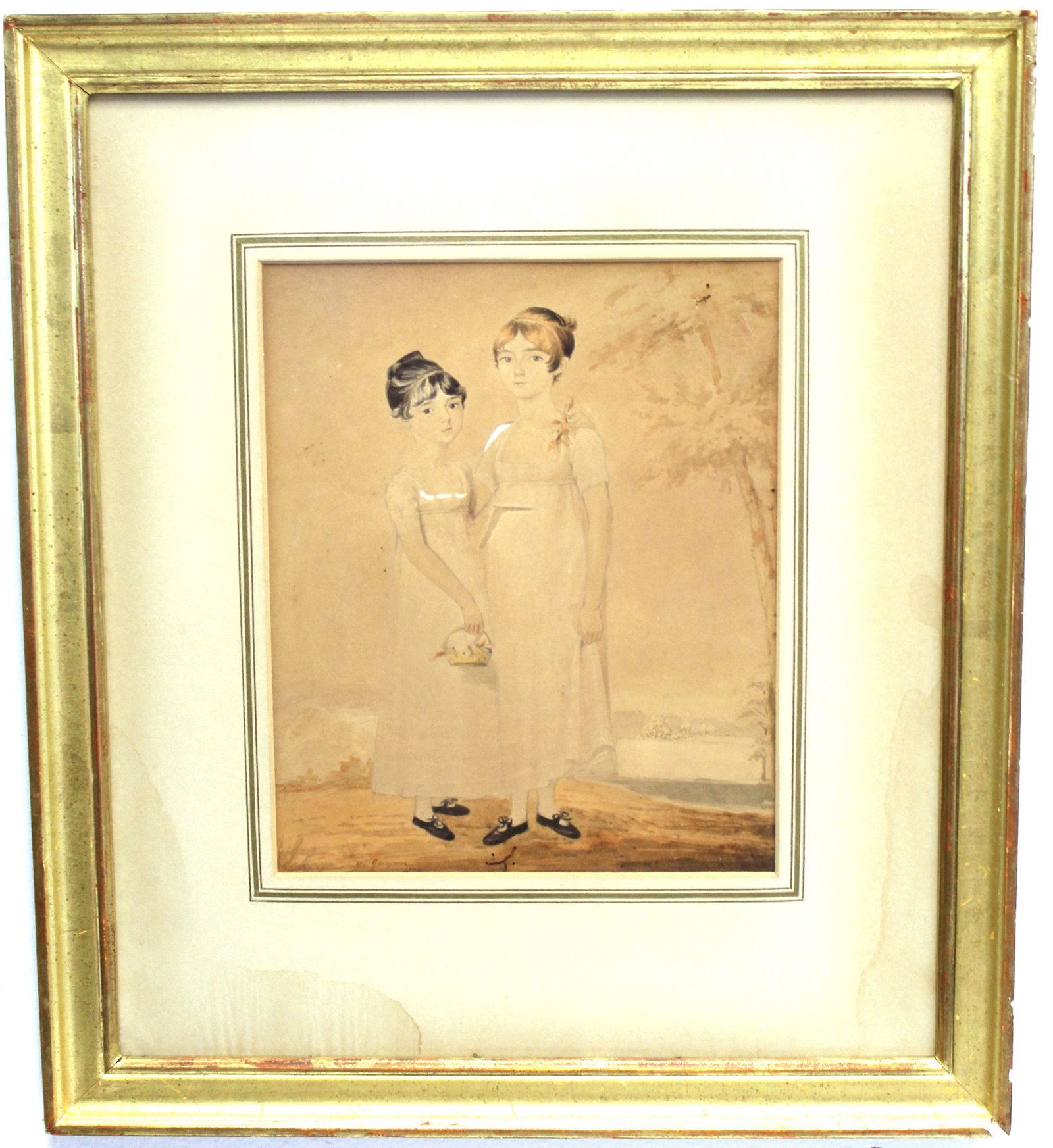 Antique watercolor portrait of 2 young girls - 1 holding a basket of flowers & 1 w a corsage -: Antique watercolor portrait of 2 young girls - 1 holding a basket of flowers & 1 w a corsage - signed illegibly - overall framed size 19 1/2"x17"