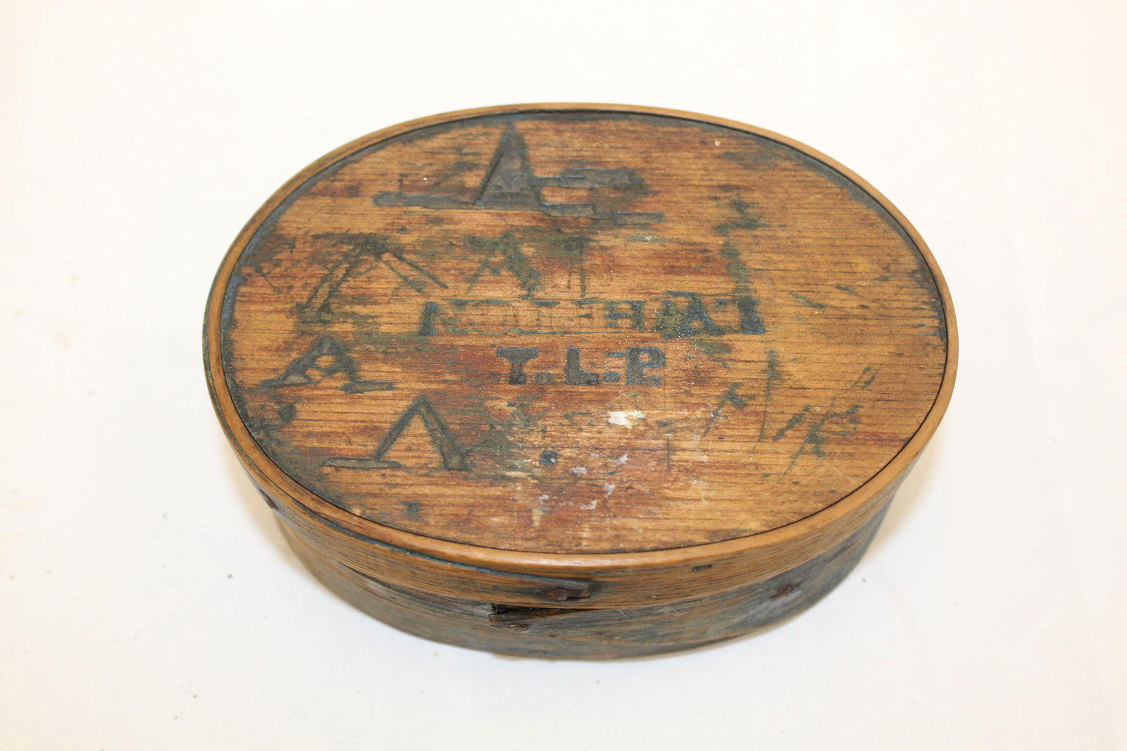 Antique oval finger lapped pantry box w inscribed initials TLP & other inscribed dec & traces of (1 of 6)