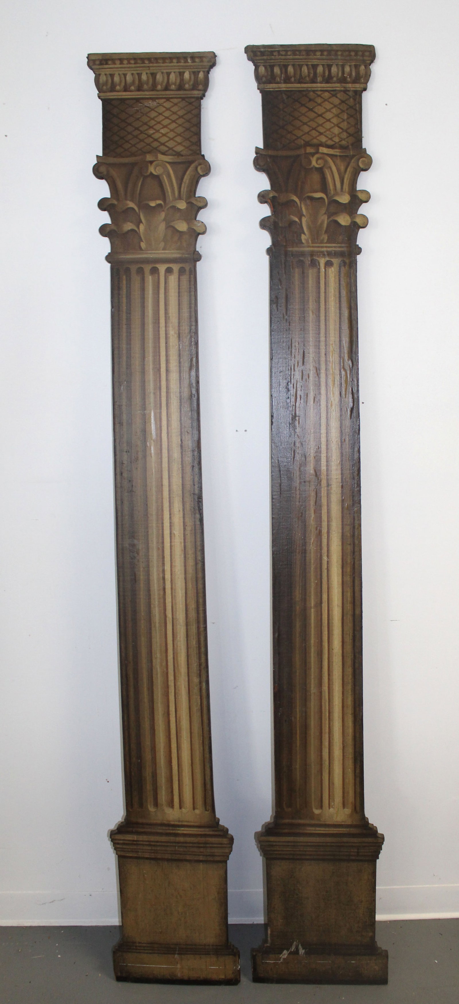 Pair of antique wooden flat pillar wall hangings w applied painted paper cover decoration - 86" tall: Pair of antique wooden flat pillar wall hangings w applied painted paper cover decoration - 86" tall x 12" wide x 1" deep