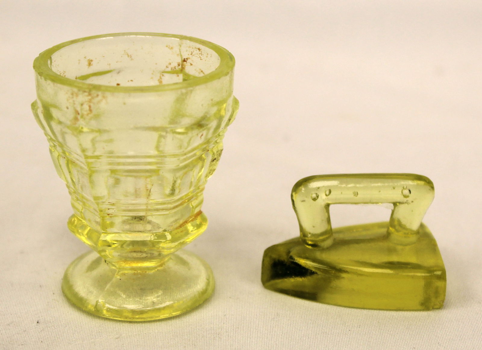 Early Sandwich Glass toy iron & vase in vaseline - 1 3/4" tall vase & 1"x1 1/2" iron (1 of 8)