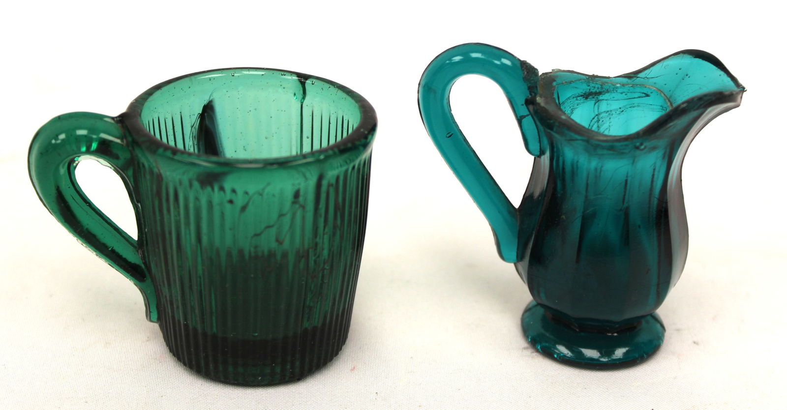 Early Sandwich Glass toy pitcher & cup in green - 2" & 2 1/2" tall: Early Sandwich Glass toy pitcher & cup in green - 2" & 2 1/2" tall