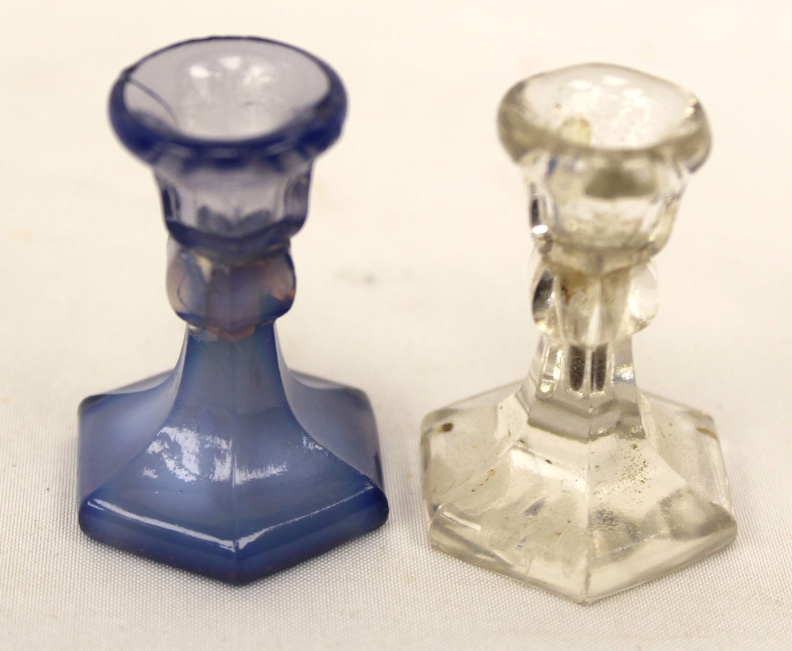 Early Sandwich Glass toy candlesticks in clear & blue - 1 1/2" tall: Early Sandwich Glass toy candlesticks in clear & blue - 1 1/2" tall