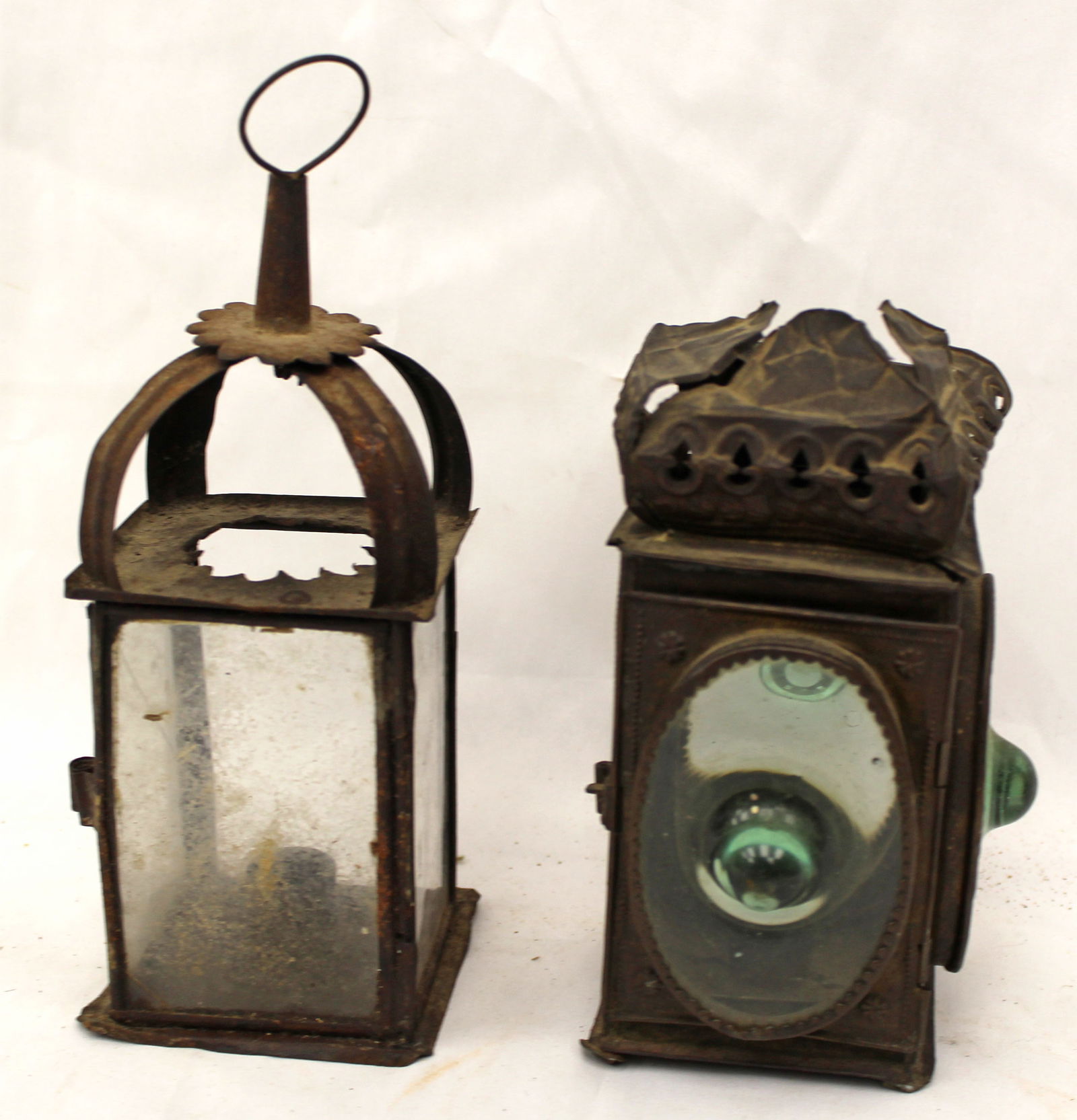 Lot of 2 tin & glass small lanterns incl 1 w 3 bullseye glass sides - 7" & 9" tall (1 of 11)