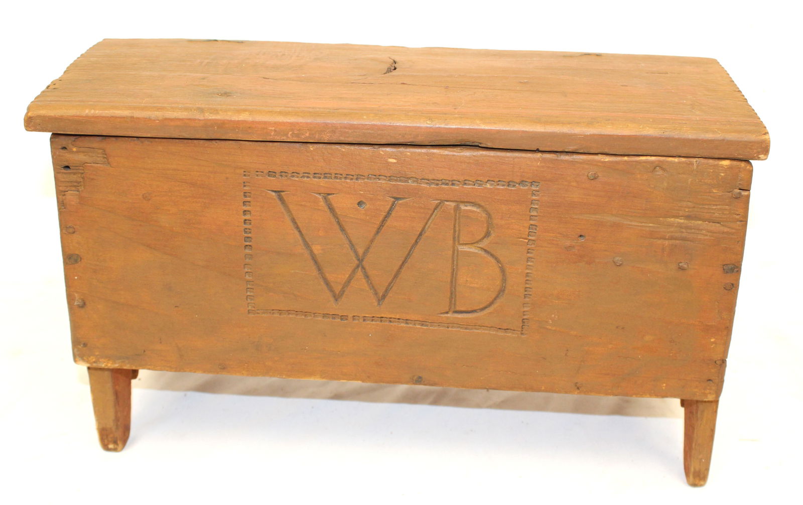Antique diminutive blanket box w WB carved on front - chip carving & punch decoration throughout - (1 of 7)