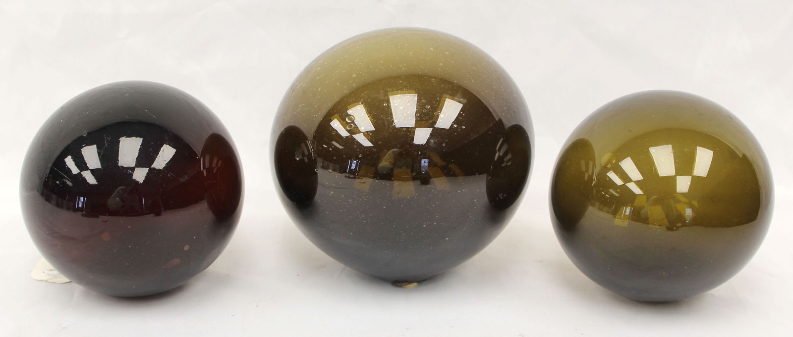 Lot of 3 early glass witch's balls in olive - approx 4 1/2" & 5 1/2" (1 of 8)
