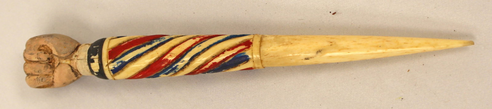 Antique bone fid 2 red, white & blue decoration & wooden carved hand finial - 7 1/2" long: Antique bone fid 2 red, white & blue decoration & wooden carved hand finial - 7 1/2" long