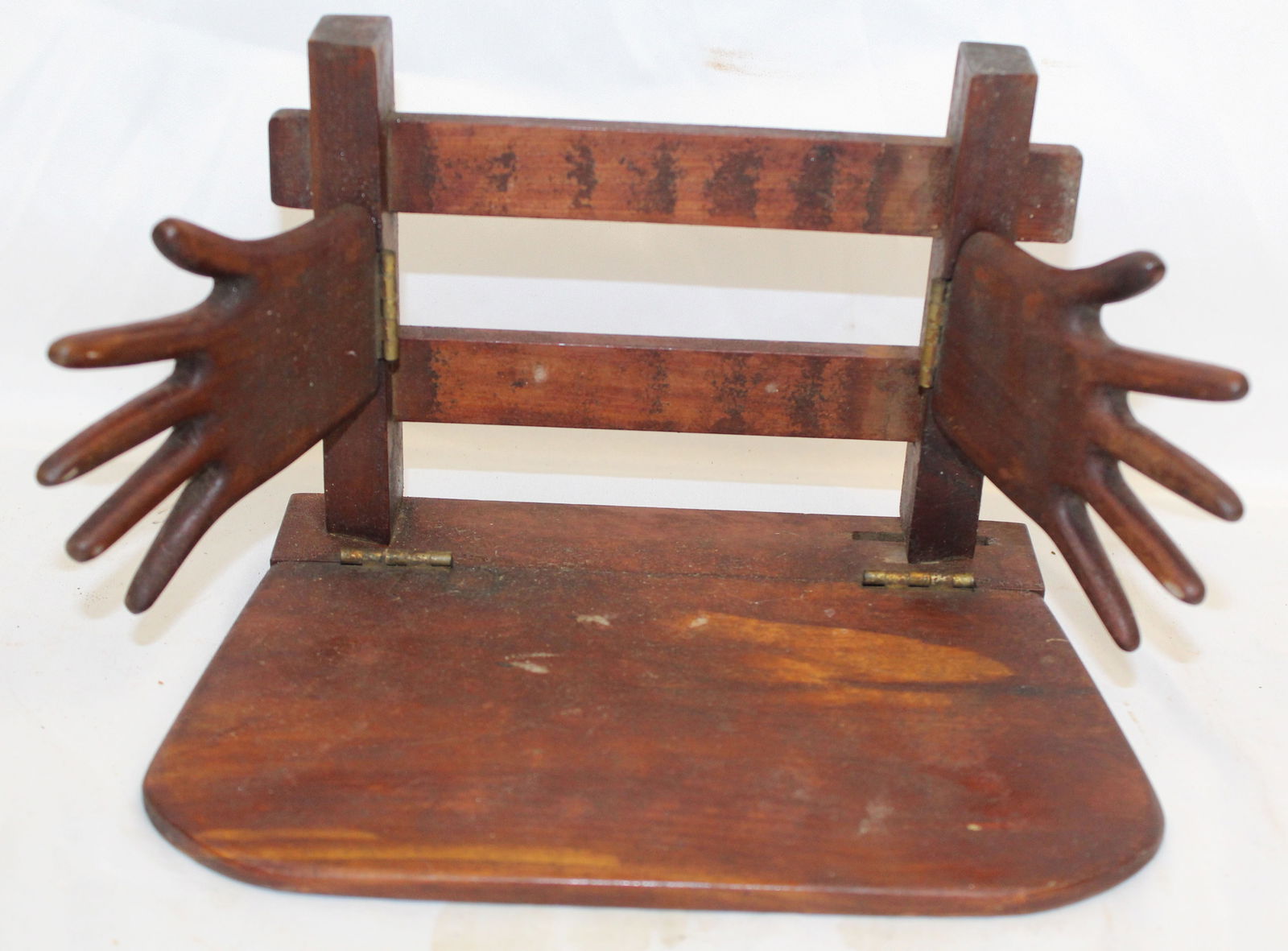 Folk Art whimsical book shelf/holder w carved hand motif - 5 1/2" tall x 9" wide (1 of 4)