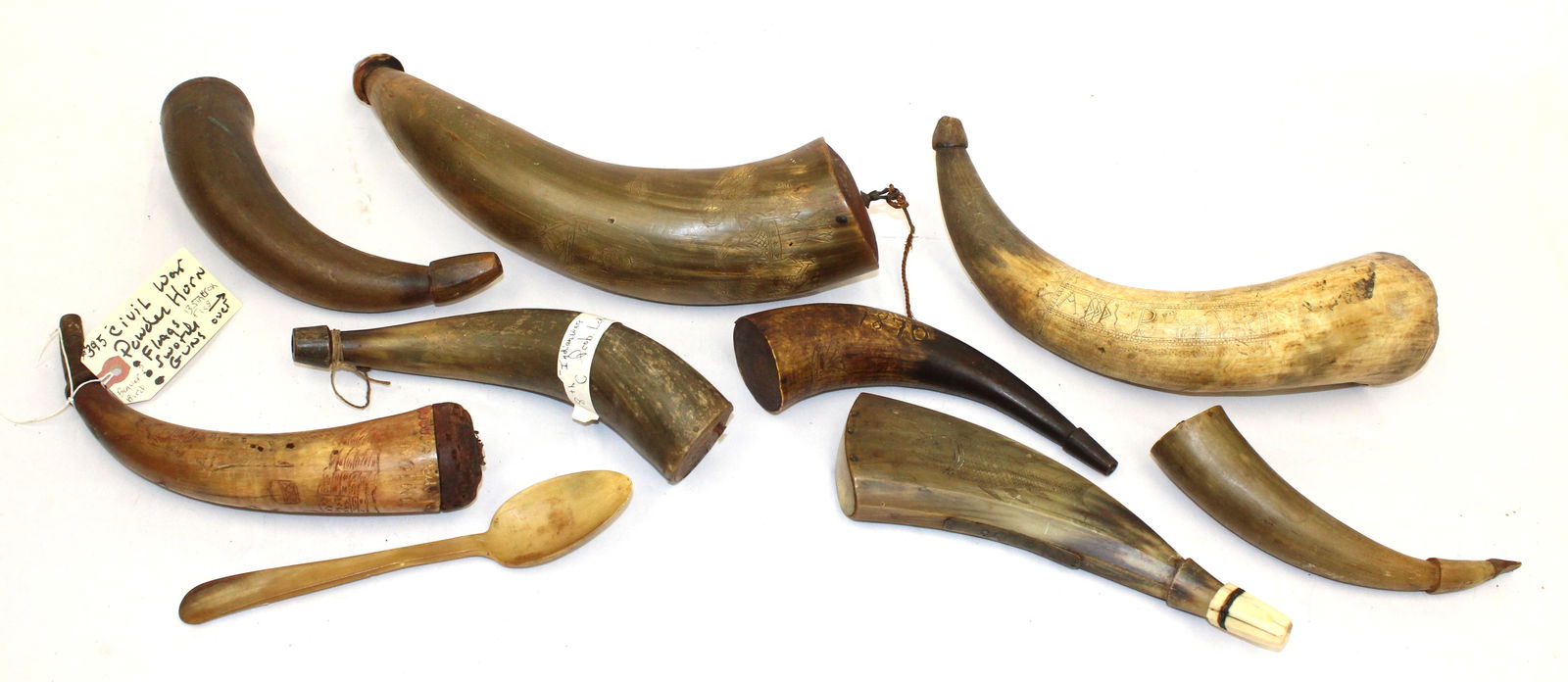 Lot of 9 antique powder horns - most w etched &/or inscribed dec plus an etched dec horn spoon - (1 of 20)