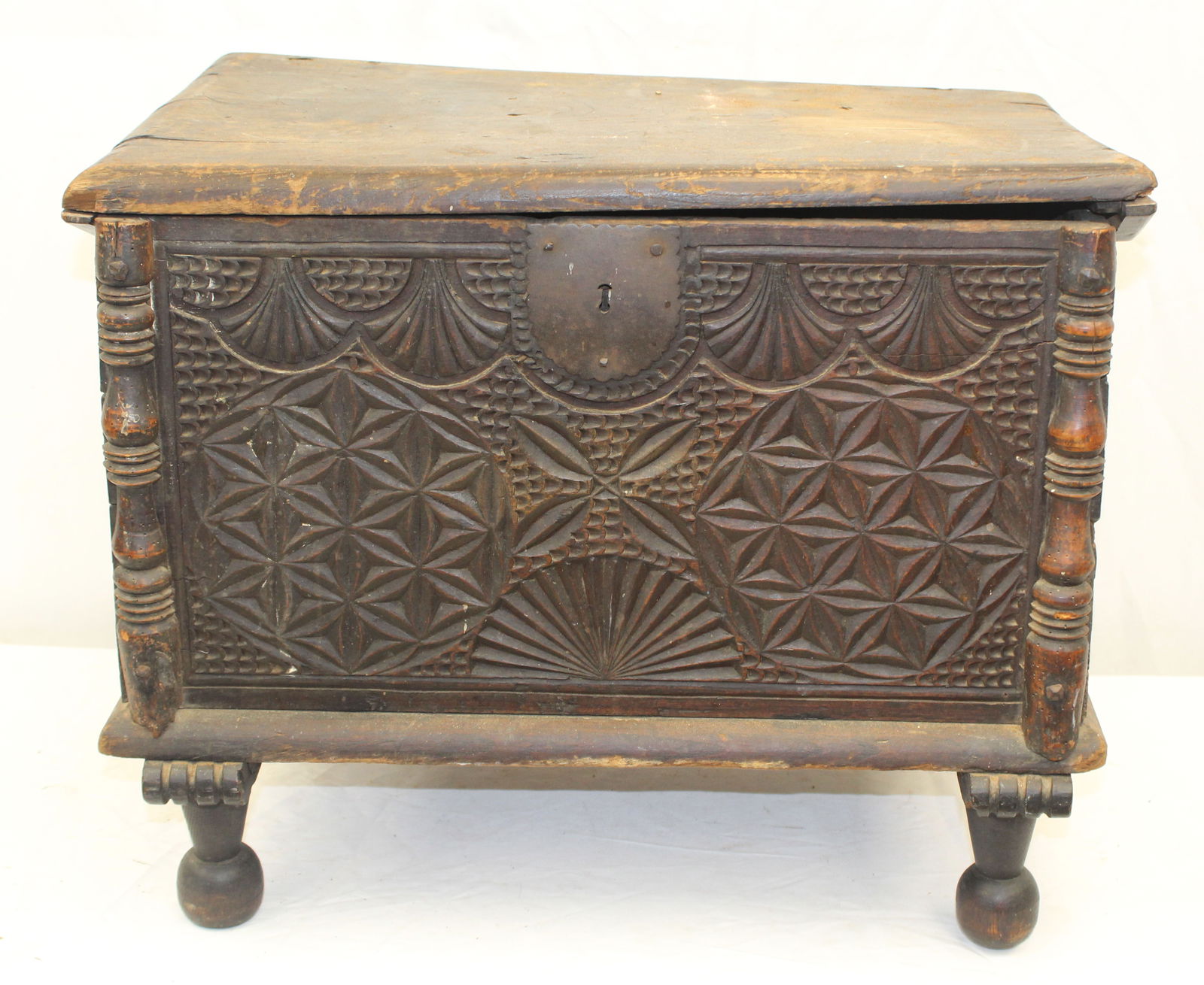 late 17th/ Early 18thC heavily carved mixed woods diminutive chest/box on ball feet - 19 1/2" tall x (1 of 14)
