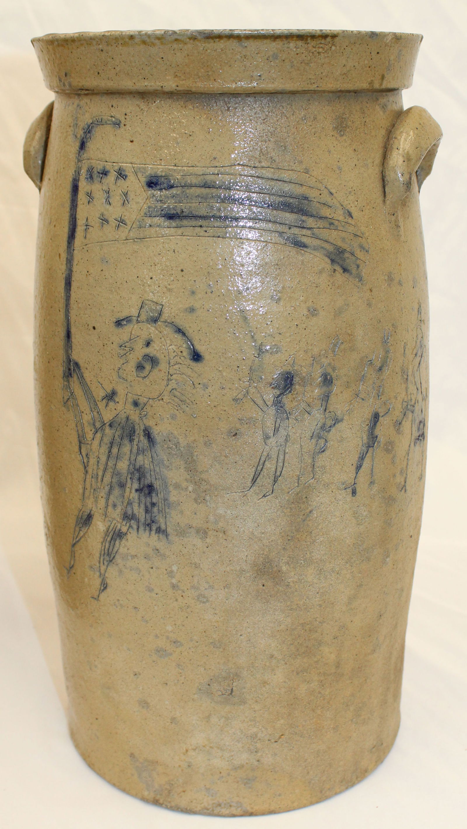 Wonderful, important & rare stoneware 3 gal butter churn w incised & cobalt soldiers, American flag (1 of 11)