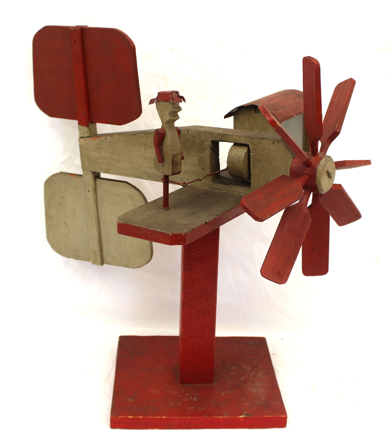 Folk Art wooden painted airplane whirligig w man & bird - 20" tall x 19" wide: Folk Art wooden painted airplane whirligig w man & bird - 20" tall x 19" wide