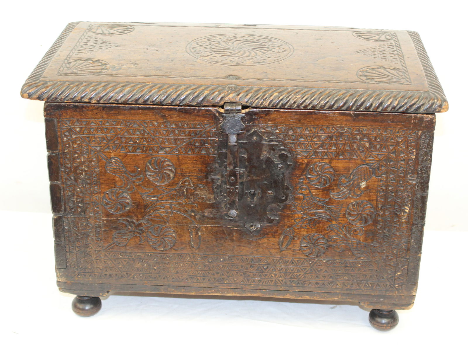 late 17th/ early 18thC heavily carved mixed woods diminutive box on ball feet - 12 1/2" tall x 19 (1 of 17)