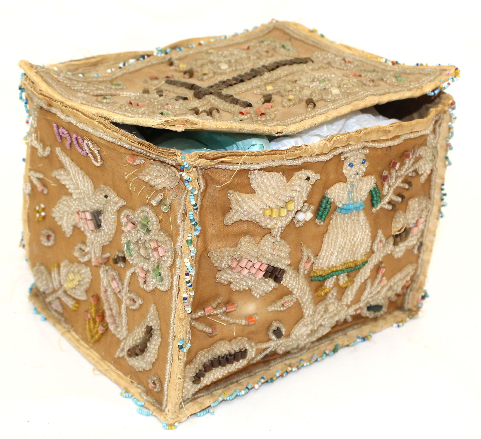Antique textile box w all over beaded decoration of birds, flowers & figures & cross on top - dated: Antique textile box w all over beaded decoration of birds, flowers & figures & cross on top - dated in beads 1900 - 6 1/2" tall x 9 1/2"x7 1/2"