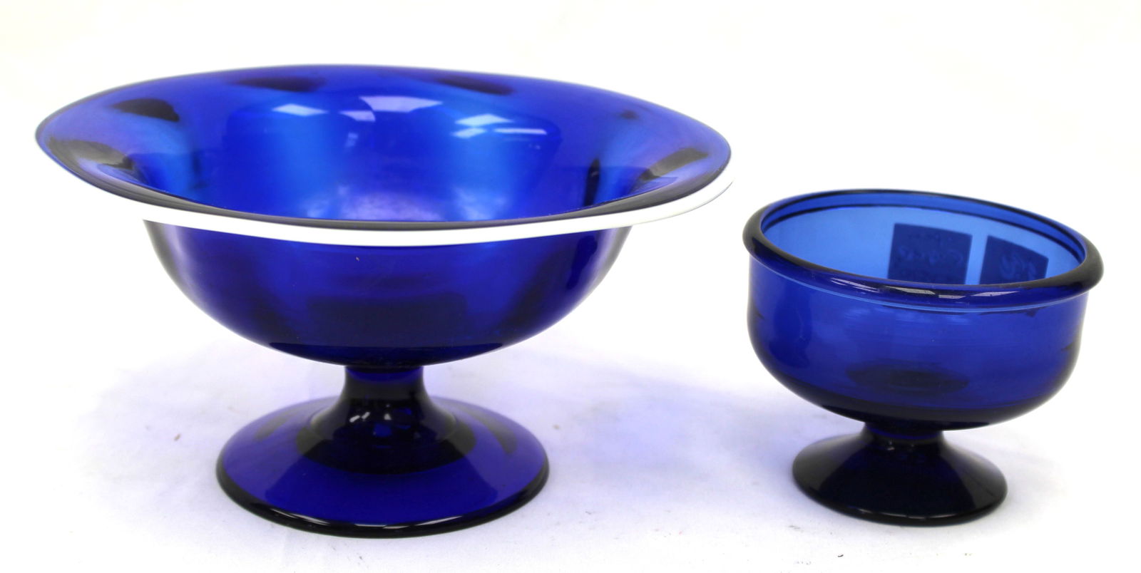 Lot of 2 pcs early cobalt glass incl compote w white rim & open sugar - 3" tall x 4" diam & 4" tall (1 of 10)