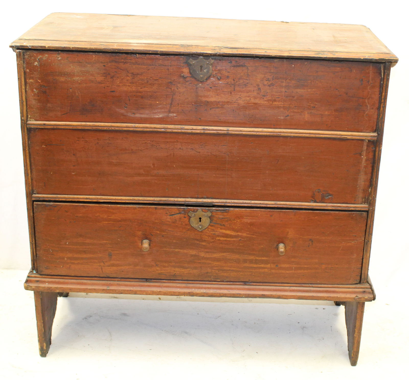 18thC double arch molded 1 dr blanket chest in old red paint - 37 1/2" tall x 39"x18" (1 of 8)
