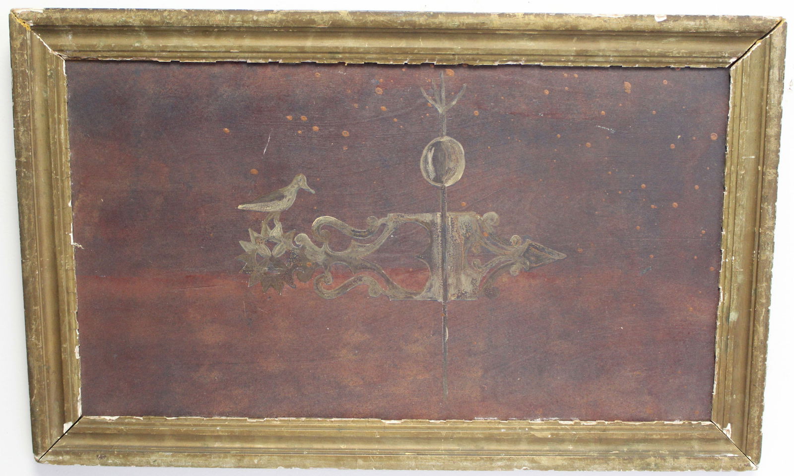 Folk Art oil on panel of a banner weathervane w heart motif & bird - titled on back "Fiddlestyx Folk: Folk Art oil on panel of a banner weathervane w heart motif & bird - titled on back "Fiddlestyx Folk Art by John McLaughlin" - overall framed size 18 1/2"x30"