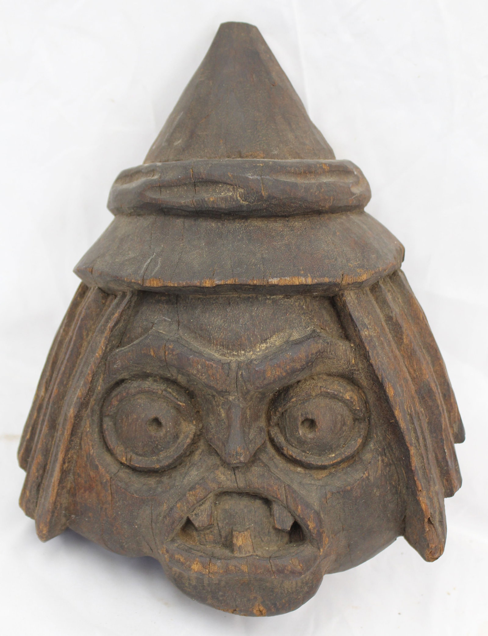 Folky wooden carved witch's head - 13" tall: Folky wooden carved witch's head - 13" tall