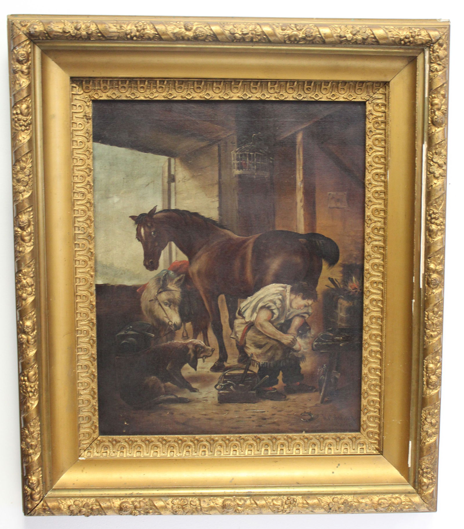 Antique o/c of blacksmith shoeing a horse signed W.C.(Walter Channing) Addsion - overall framed size: Antique o/c of blacksmith shoeing a horse signed W.C.(Walter Channing) Addsion - overall framed size 29"x25"