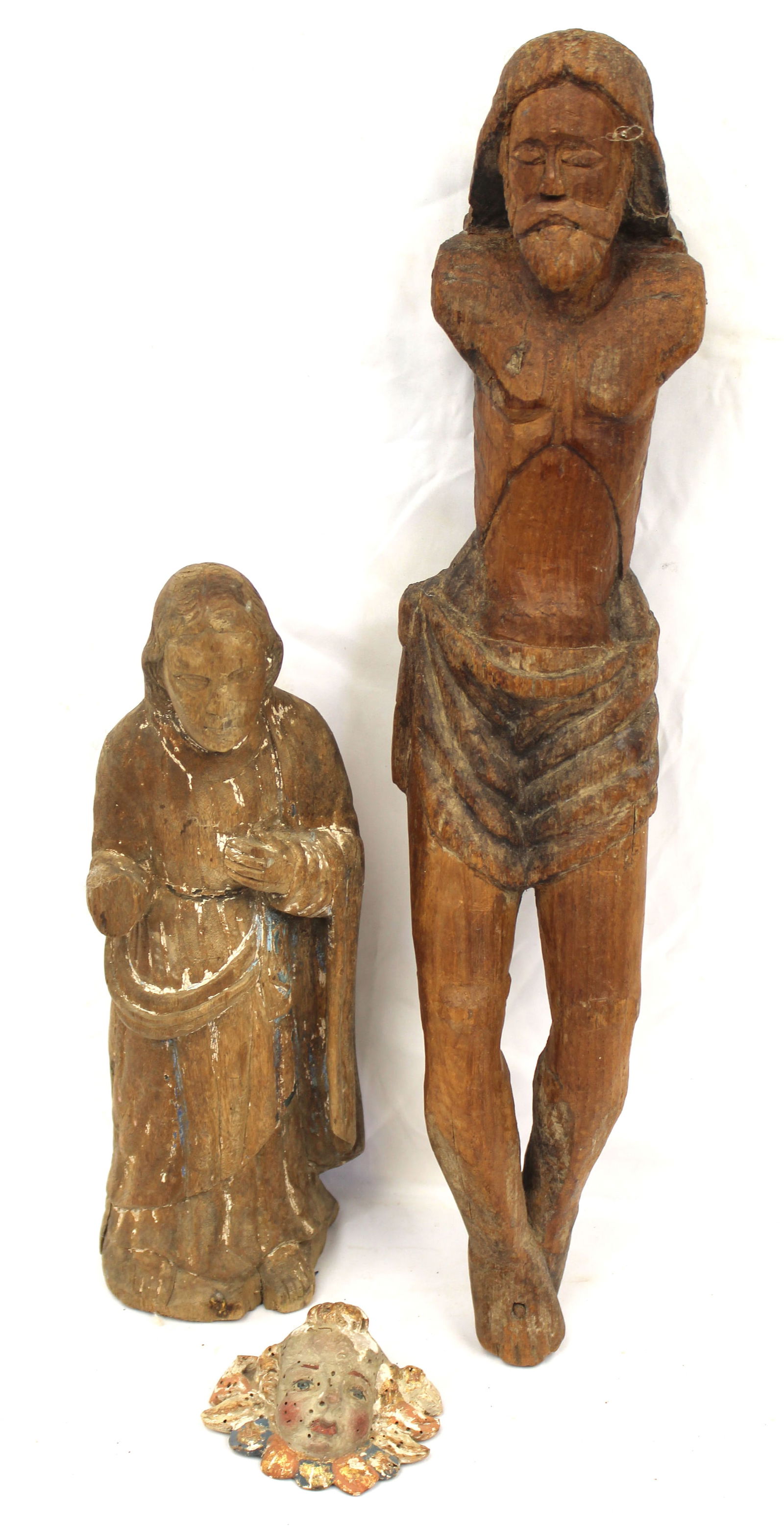 Lot of 3 wooden carved figures - Angels & Jesus - 3"x2", 23" & 14" tall: Lot of 3 wooden carved figures - Angels & Jesus - 3"x2", 23" & 14" tall