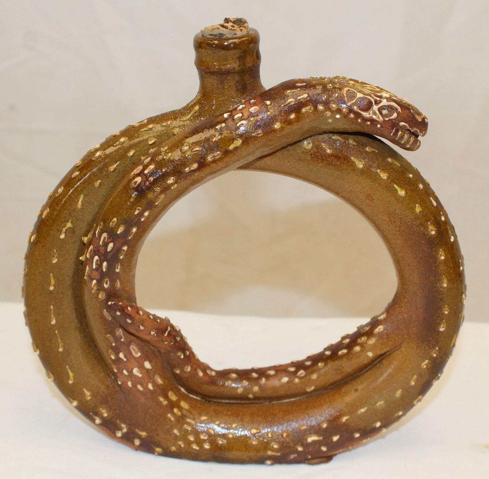 Antique redware snake/pretzel form flask - 7 1/2" tall x 8" wide (1 of 6)