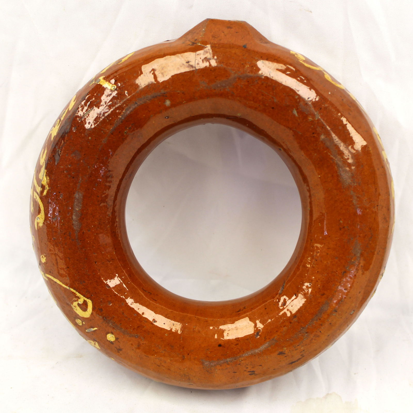Antique redware slip dec hot water - 2 1/2" x 10": Antique redware slip dec hot water - 2 1/2" x 10"