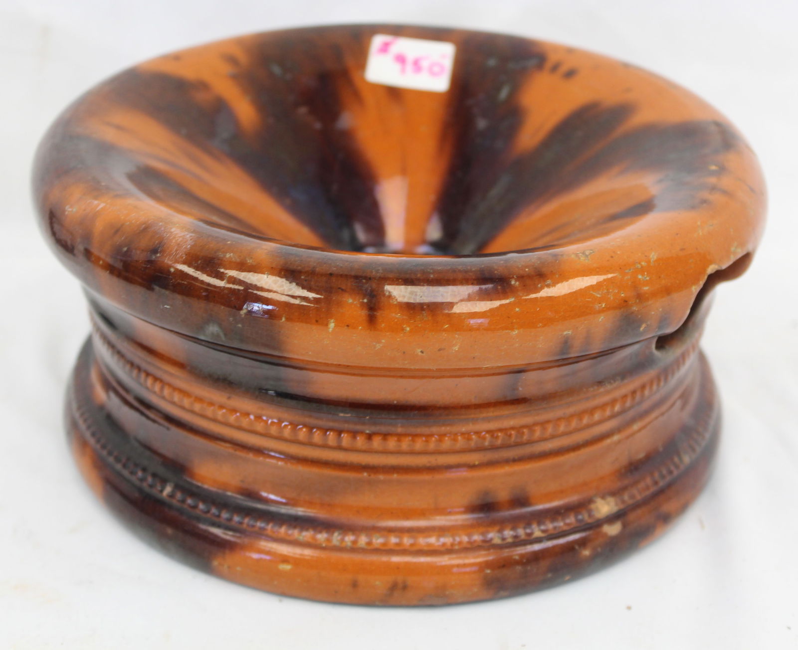 Antique redware slip dec spittoon - 4" tall x 8" diam: Antique redware slip dec spittoon - 4" tall x 8" diam