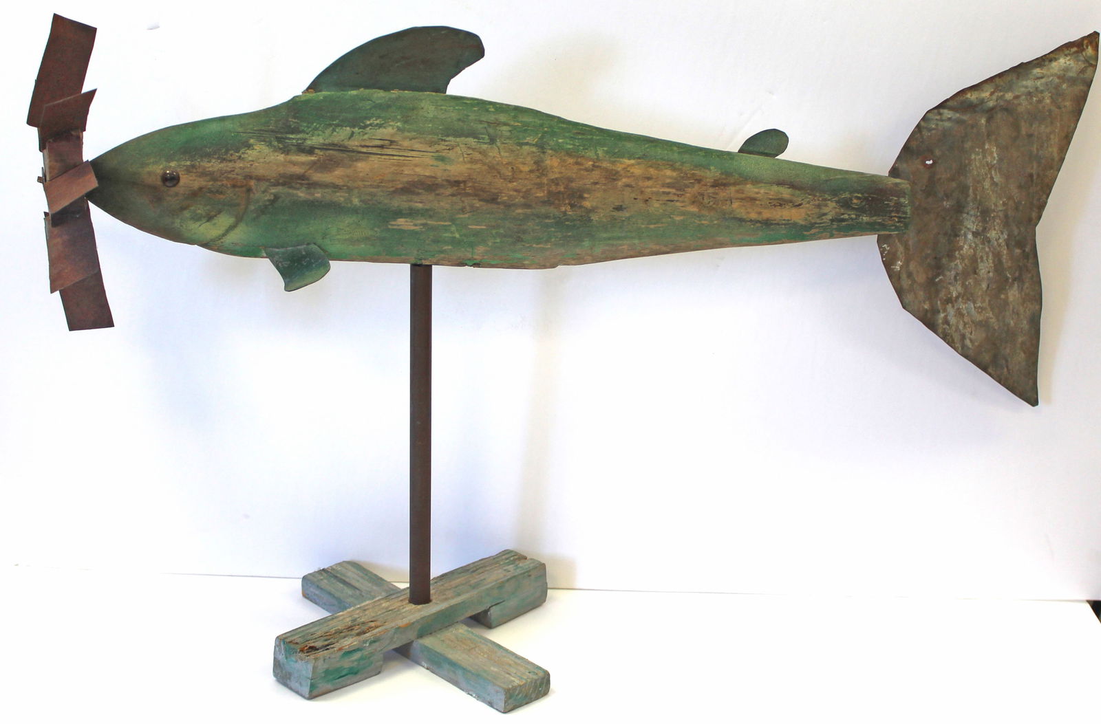 Folk Art carved wooden painted green fish weathervane/whirligig w painted tin fins - 19" tall x 30": Folk Art carved wooden painted green fish weathervane/whirligig w painted tin fins - 19" tall x 30" wide