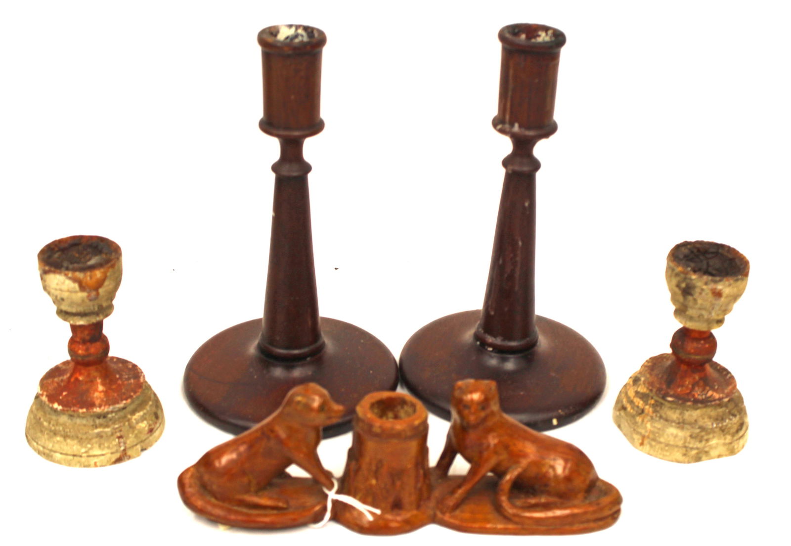 Lot of antique carved wooden candlesticks incl 8" tall pair, carved & painted 4" tall pair & 2: Lot of antique carved wooden candlesticks incl 8" tall pair, carved & painted 4" tall pair & 2 1/2"x8" figural w 2 dogs