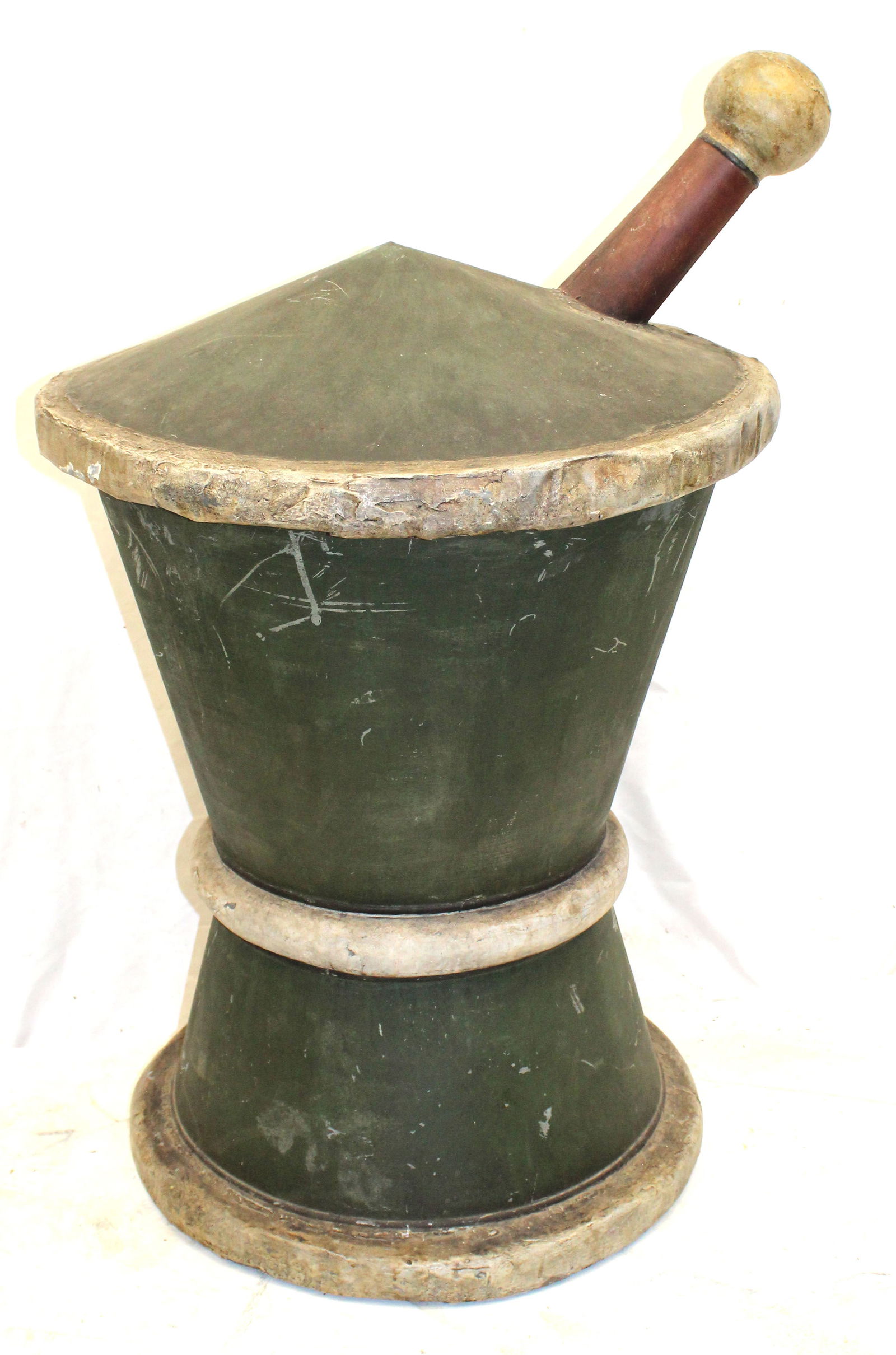 Large Folk Art painted zinc mortar & pestle apothecary trade sign - 38" tall x 24" diam: Large Folk Art painted zinc mortar & pestle apothecary trade sign - 38" tall x 24" diam