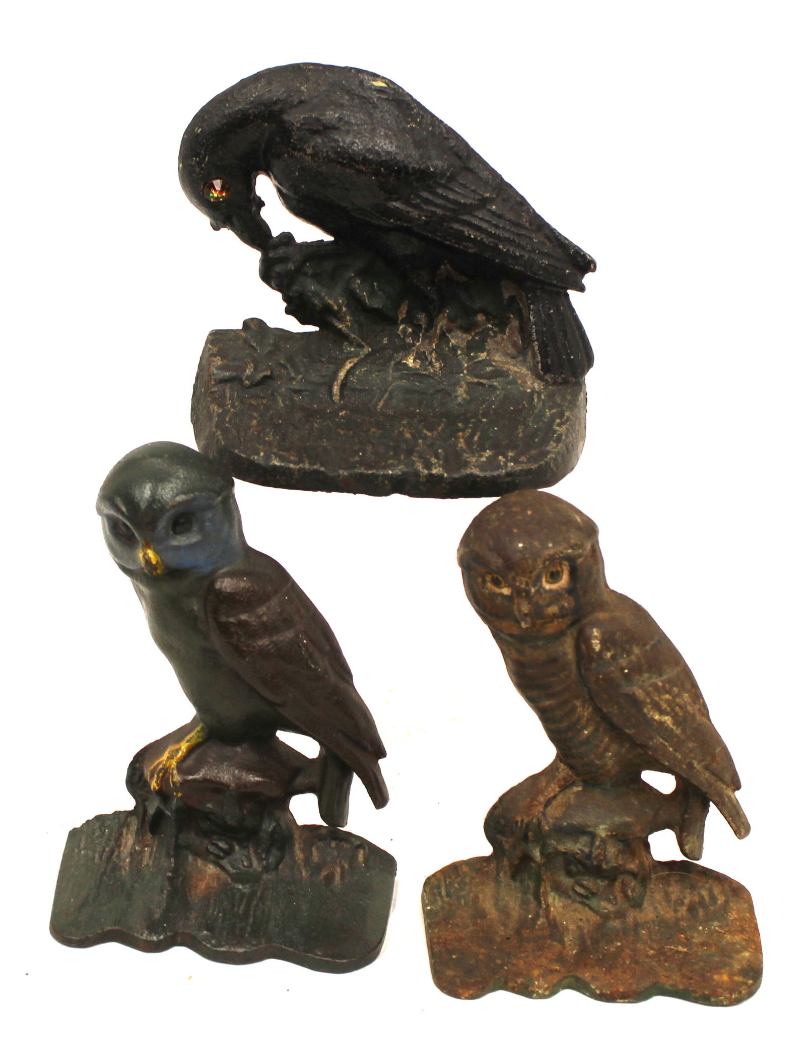 Lot of 3 antique cast iron painted doorstops incl near pair 6" tall & 5"x5" crow (1 of 6)