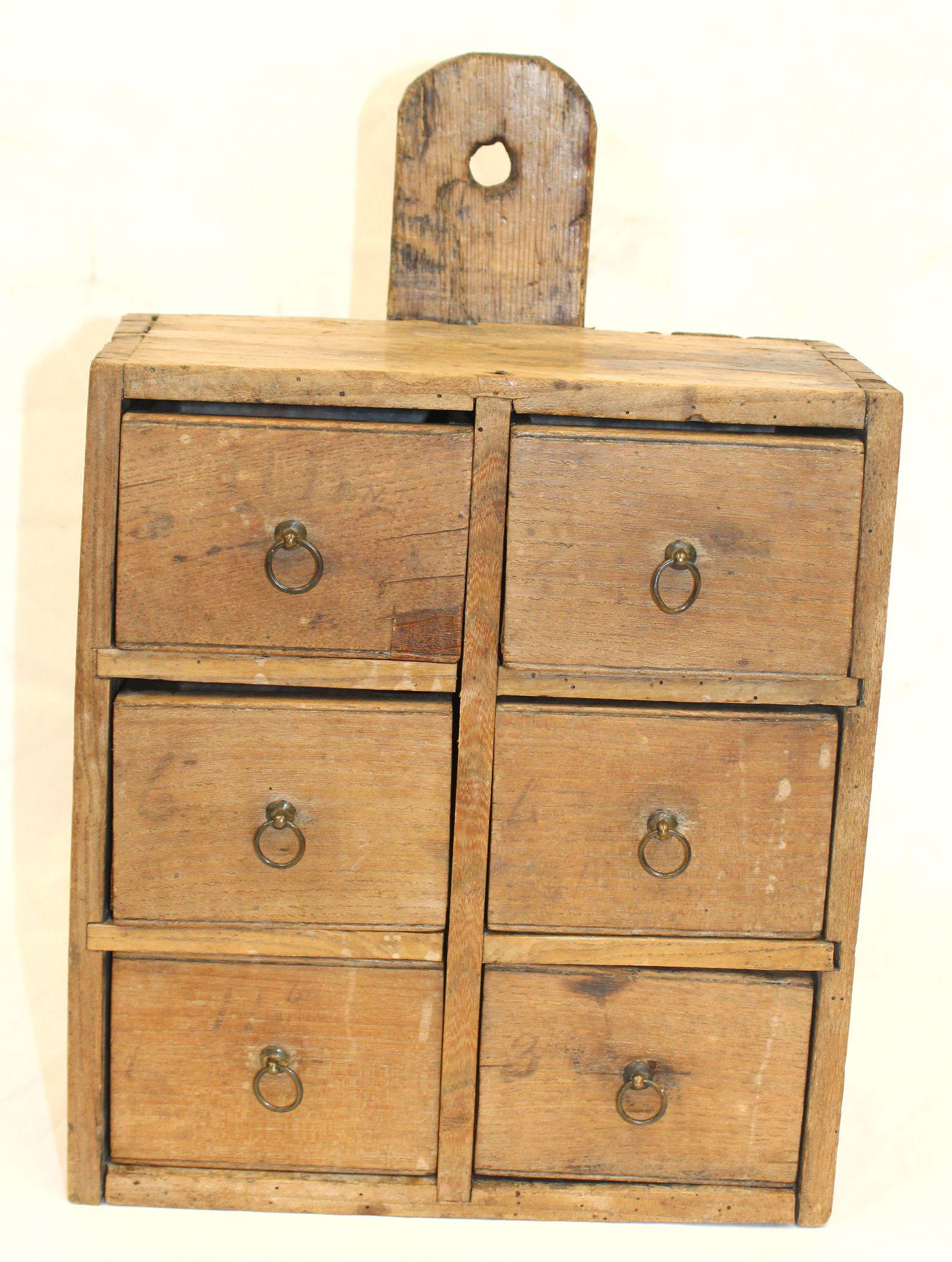 late 18th/ early 19thC wall hanging 6 dr spice chest - 16 1/2" tall x 10 3/4" wide x 6 3/4" deep (1 of 5)