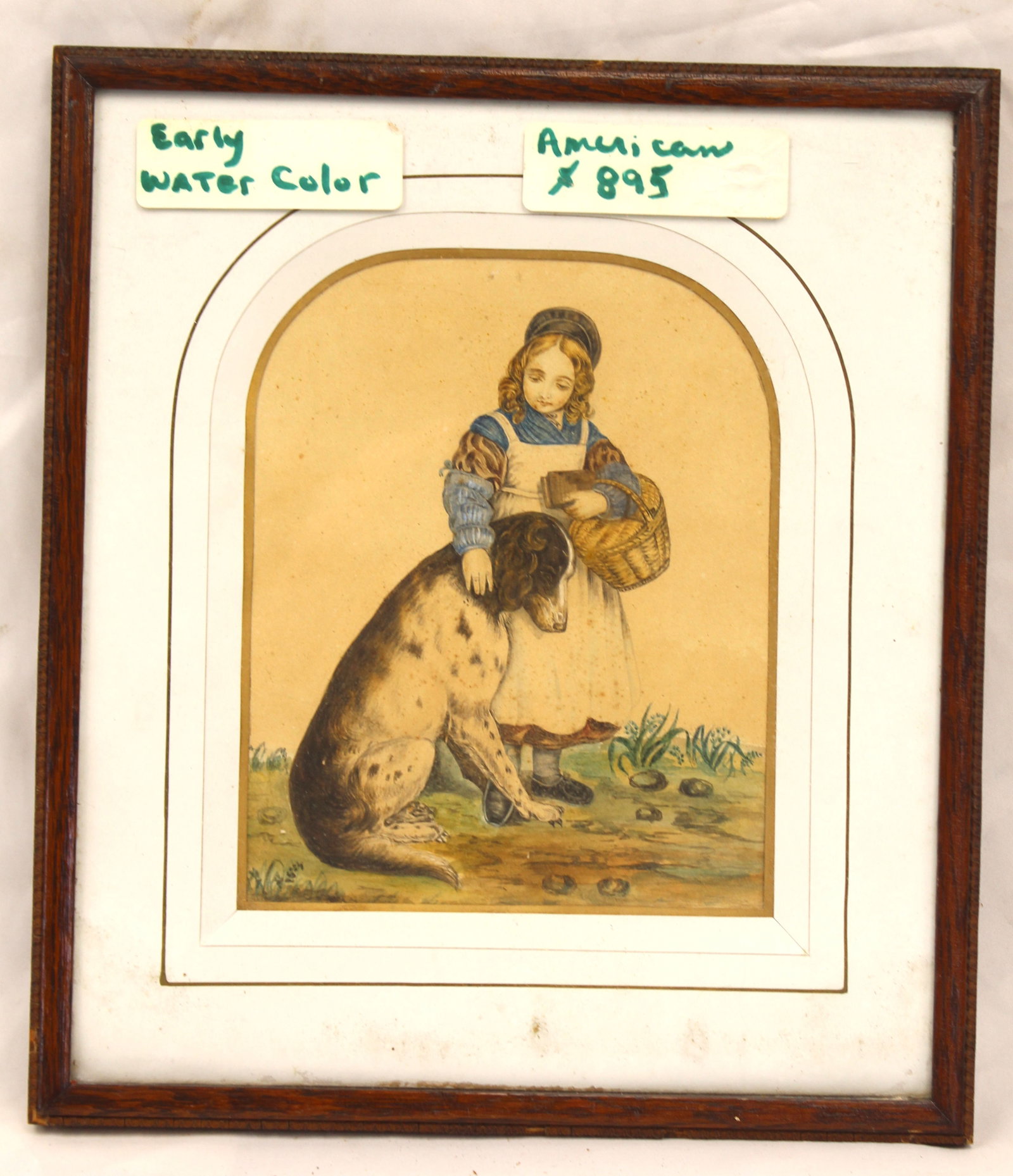 Antique watercolor of girl w dog - overall framed size 11 1/2"x10 1/2": Antique watercolor of girl w dog - overall framed size 11 1/2"x10 1/2"