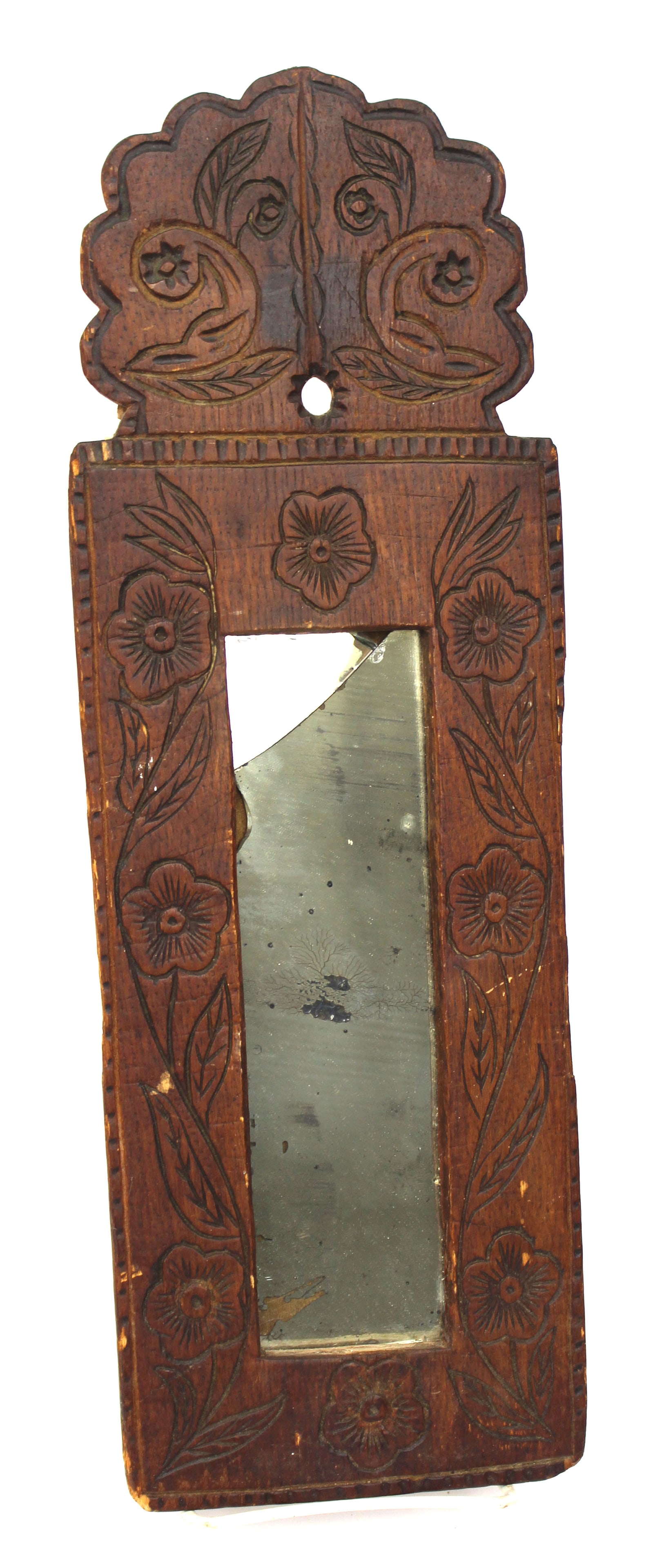 Early carved wooden mirror (mirror as found) - 15 1/2" tall x 5 1/2" wide (1 of 6)
