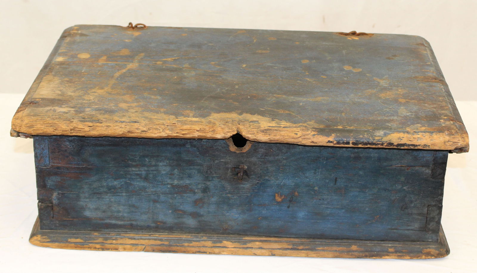 18thC pine bible box in orig blue paint - 6 1/2" tall x 20" x 12 1/2" (1 of 11)