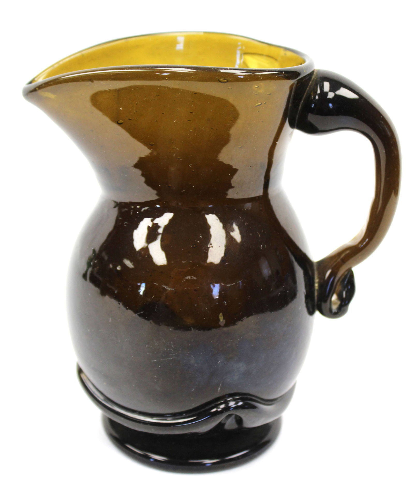 Early amber glass pitcher/creamer w swirled bottom - 5 1/2" tall: Early amber glass pitcher/creamer w swirled bottom - 5 1/2" tall