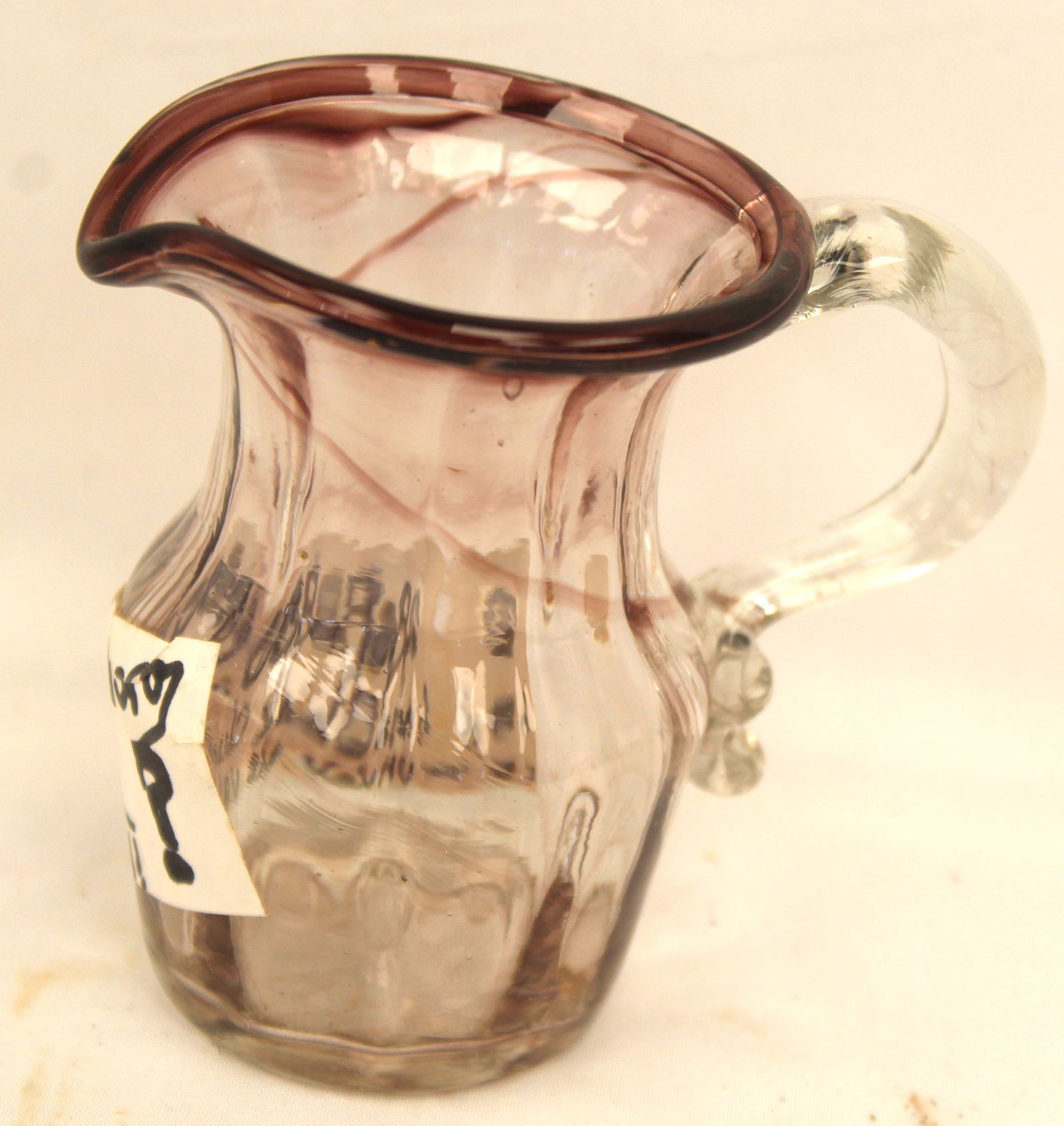Early rose colored glass pitcher/creamer w deeper rose rim - 3" tall (1 of 5)