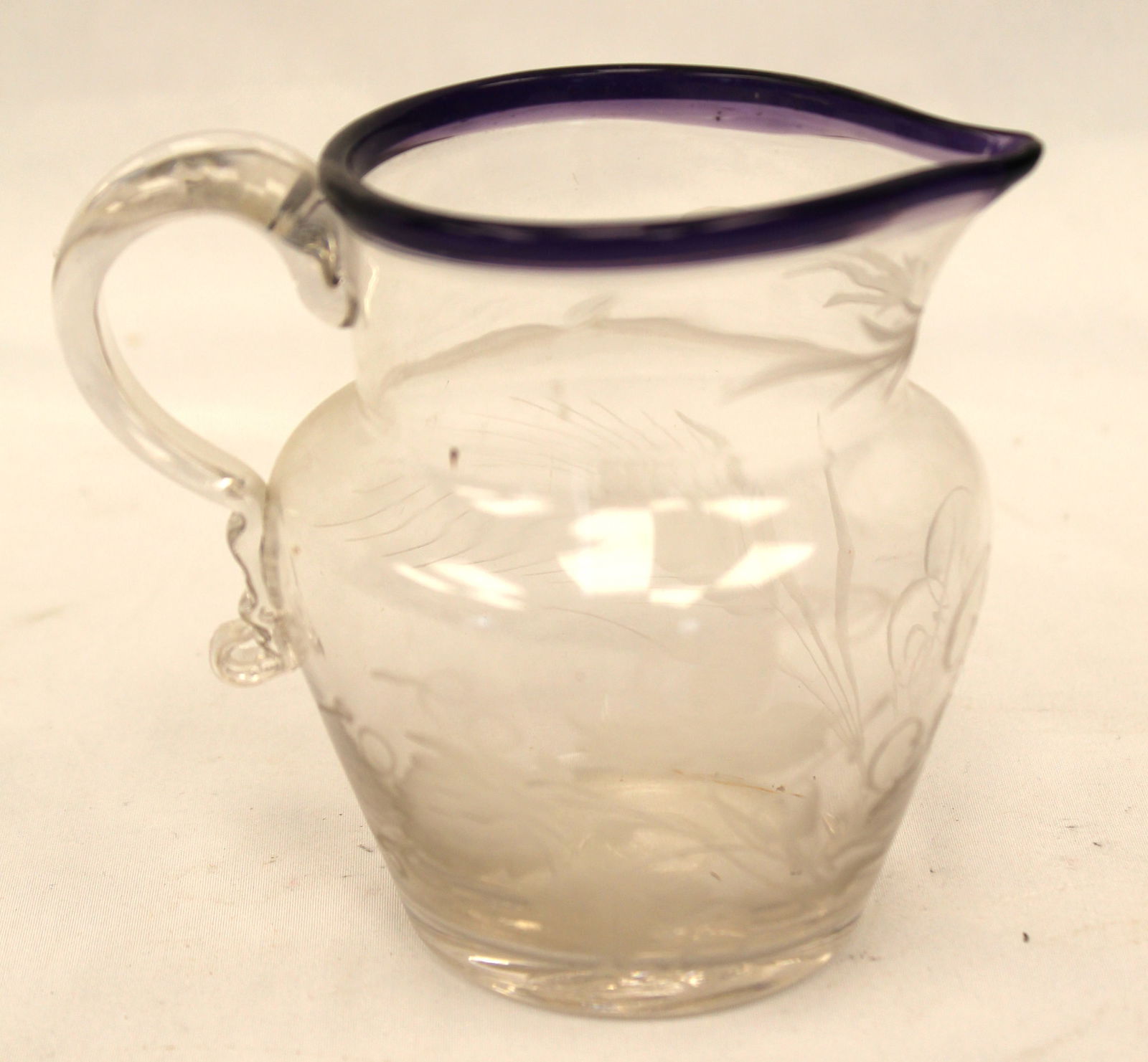 Early clear glass pitcher/creamer w cobalt rim & etched dec - 4" tall: Early clear glass pitcher/creamer w cobalt rim & etched dec - 4" tall