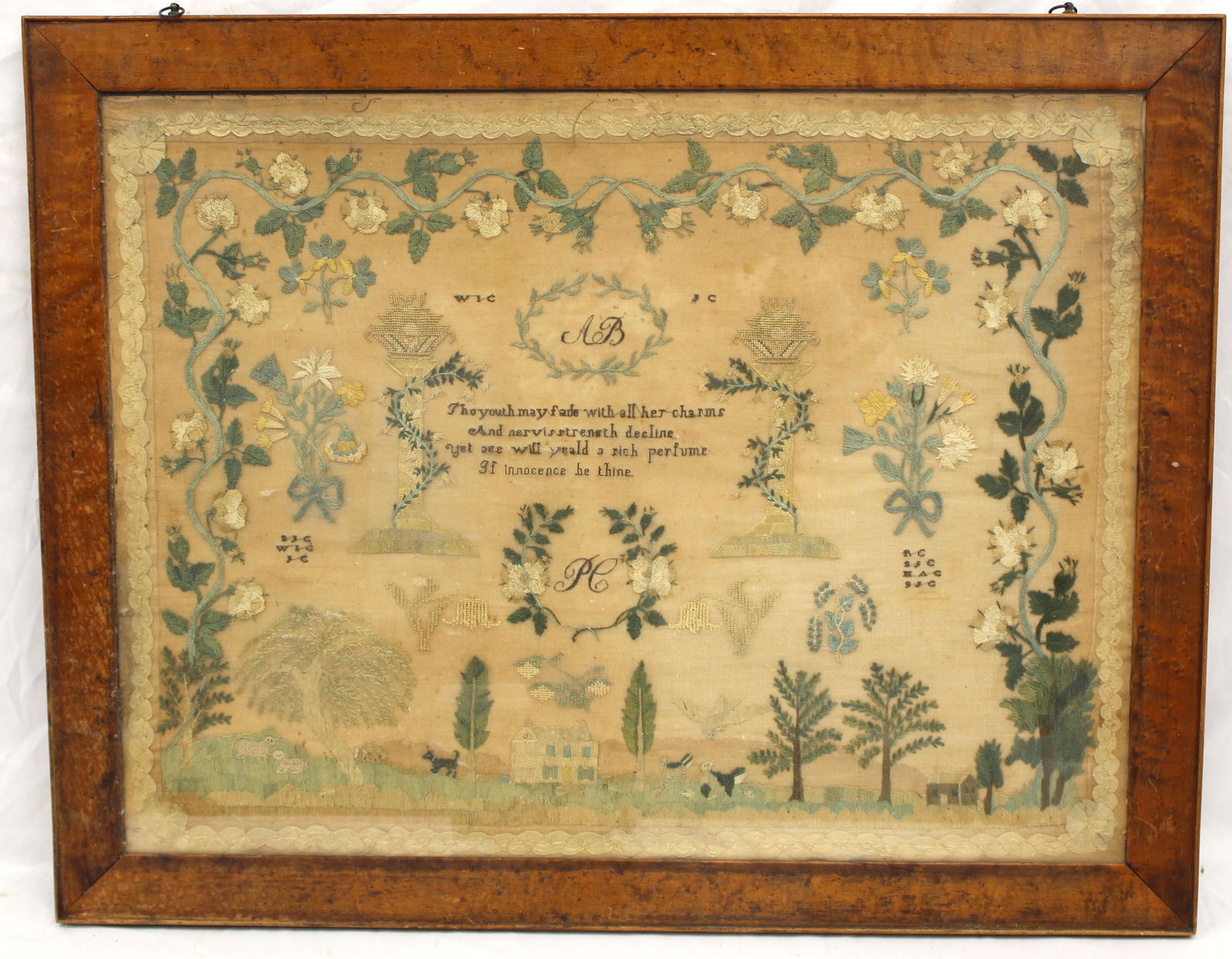 Antique pictoral sampler w initials, verse, house, flowers, etc - overall framed size 25"x32" (1 of 12)
