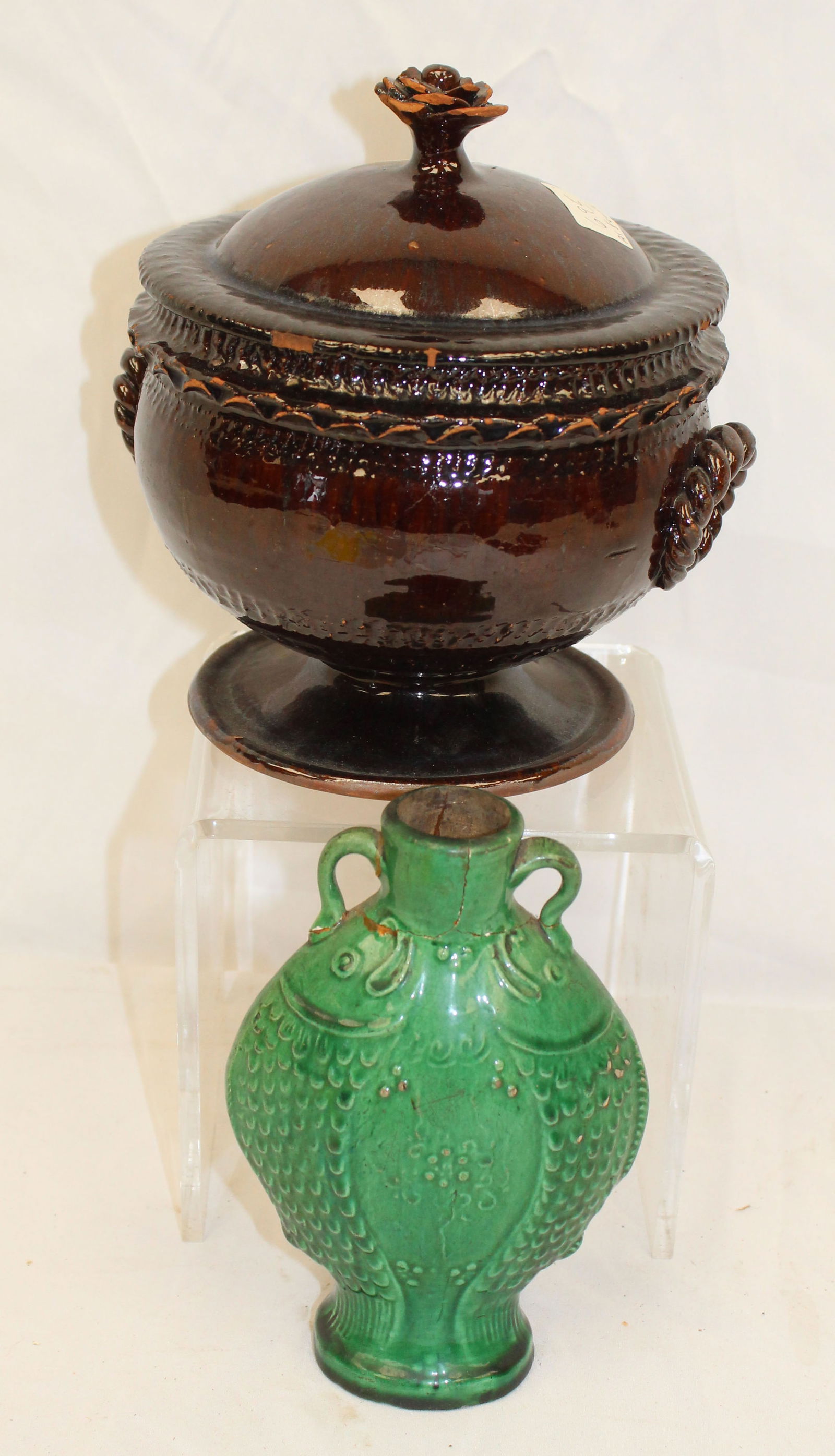 Antique redware lot incl very unusual green glazed fish form 6" flask plus a covered 7 1/2" tall (1 of 12)