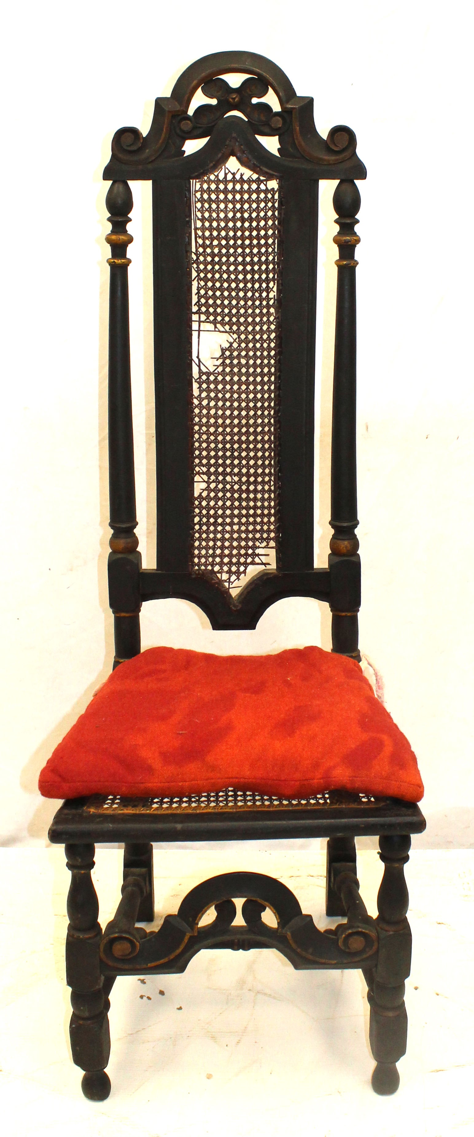 Cromwellian carved chair in black w cane back & seat - as found - 51 1/2" tall: Cromwellian carved chair in black w cane back & seat - as found - 51 1/2" tall