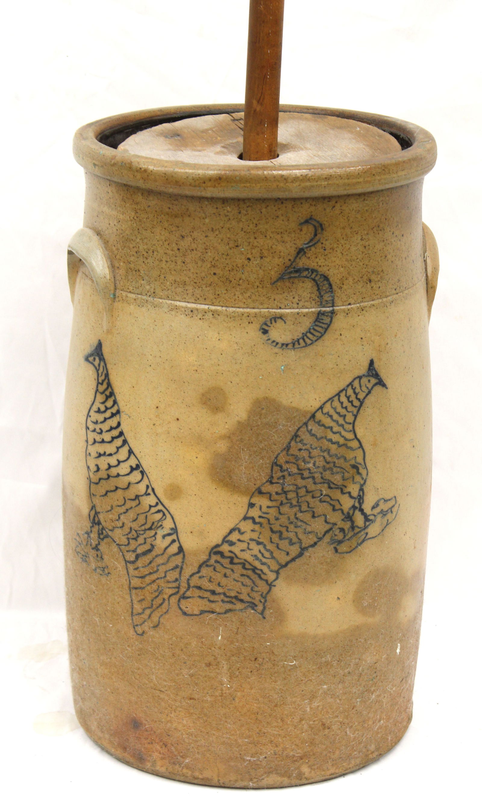 Antique stoneware 3 gal butter churn w cobalt grouse decoration & wooden dasher & lid - stoneware (1 of 11)